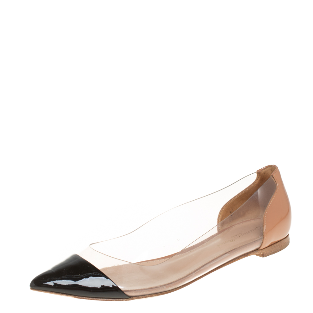 luxury-women-gianvito-rossi-used-shoes-p405025-006 Gianvito Rossi Black PVC and Patent Leather Plexi Pointed Toe Ballet Flats Size 37.5