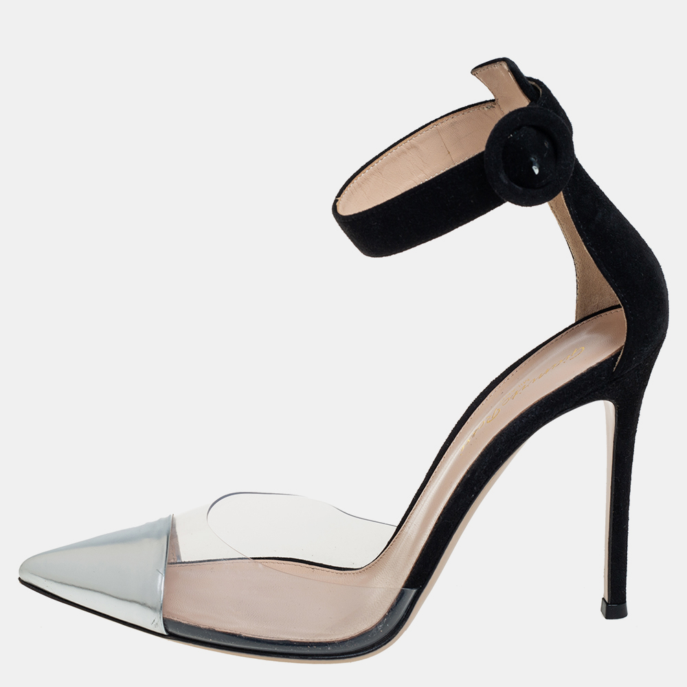 luxury-women-gianvito-rossi-used-shoes-p428745-014 Gianvito Rossi Black/Silver Suede And PVC Ankle Strap Sandals Size 39