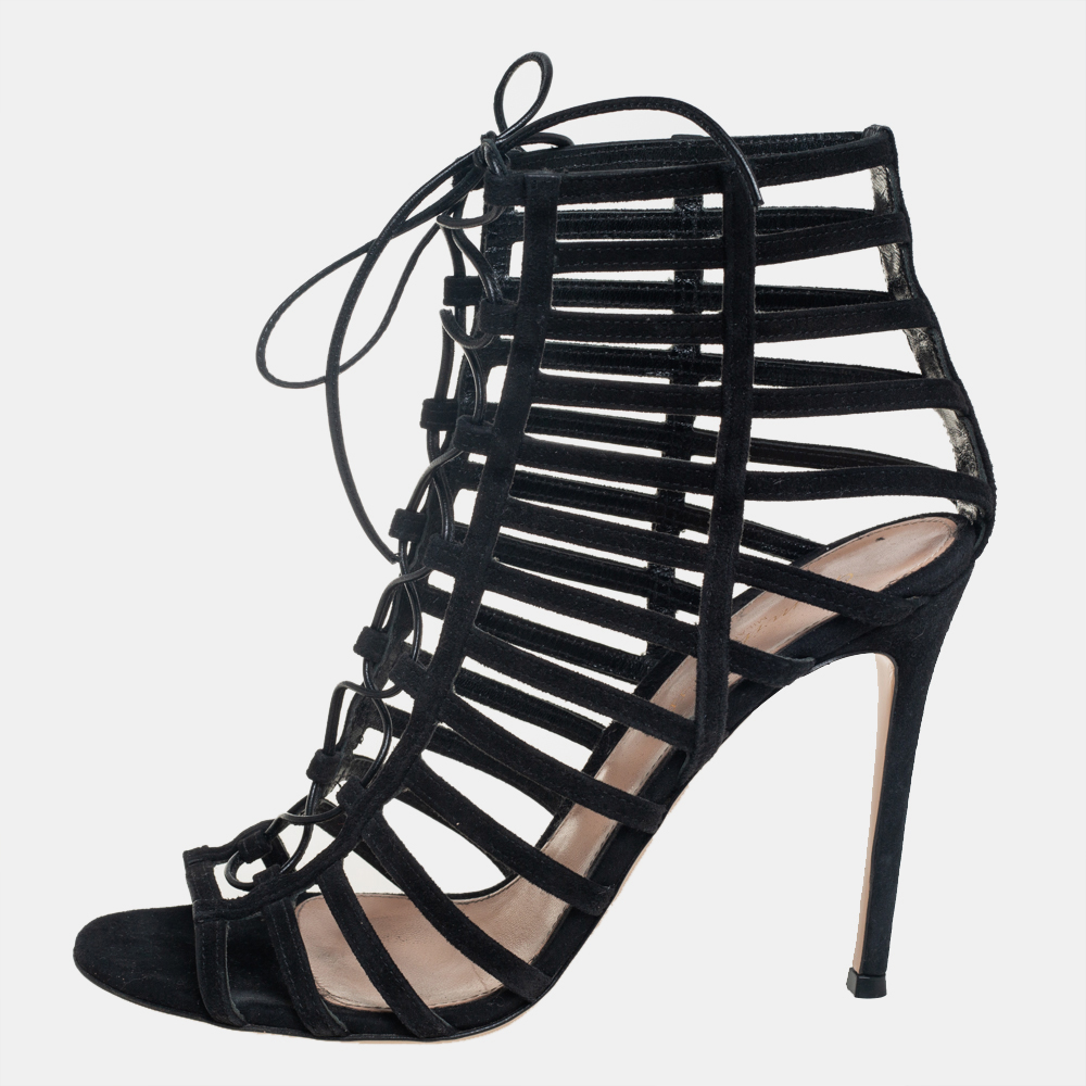 luxury-women-gianvito-rossi-used-shoes-p431382-013 Gianvito Rossi Black Suede Caged Lace Up Sandals Size 39