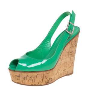 Gianvito Rossi Green Patent Leather Cork Wedge Platform Slingback Sandals Size 37