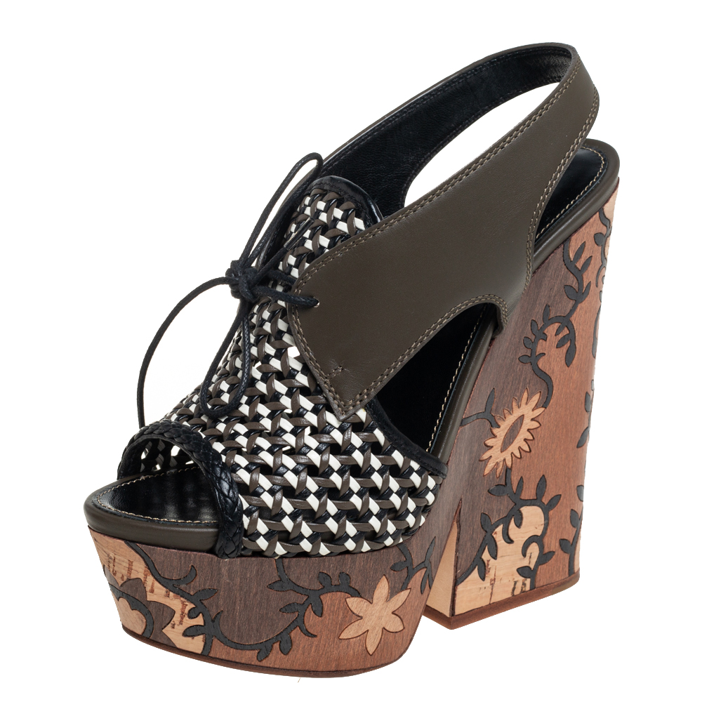 luxury-women-gianvito-rossi-used-shoes-p454237-006 Sergio Rossi Multicolor Woven Leather and Leather Wedge Lace Up Sandals Size 37