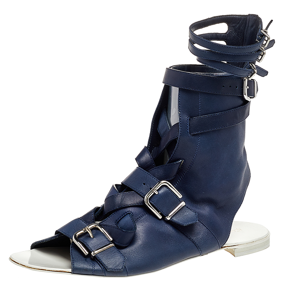 luxury-women-gianvito-rossi-used-shoes-p492094-001 Gianvito Rossi Blue Leather Buckle Gladiator Ankle Length Flat Sandals Size 38