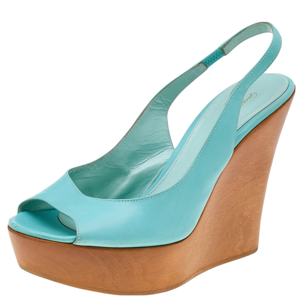 luxury-women-gianvito-rossi-used-shoes-p587042-007-2 Gianvito Rossi Turquoise Leather Wedge Platform Slingback Sandals Size 38.5