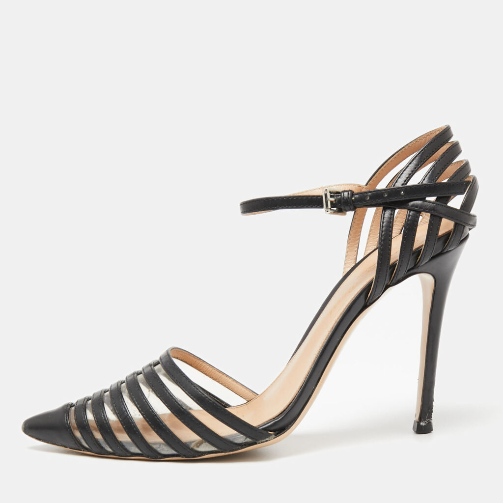 luxury-women-gianvito-rossi-used-shoes-p631082-001-2 Gianvito Rossi Black Leather and PVC Caged Ankle-Strap Pointed-Toe Pumps Size 36.5