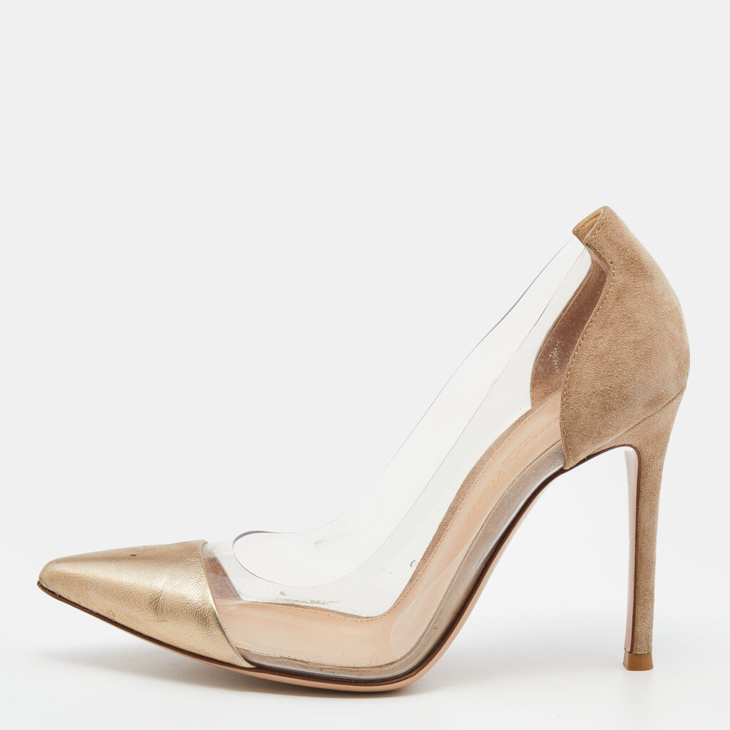 luxury-women-gianvito-rossi-used-shoes-p634053-001-2 Gianvito Rossi Brown/Gold Suede Leather And PVC Plexi Pumps Size 35.5