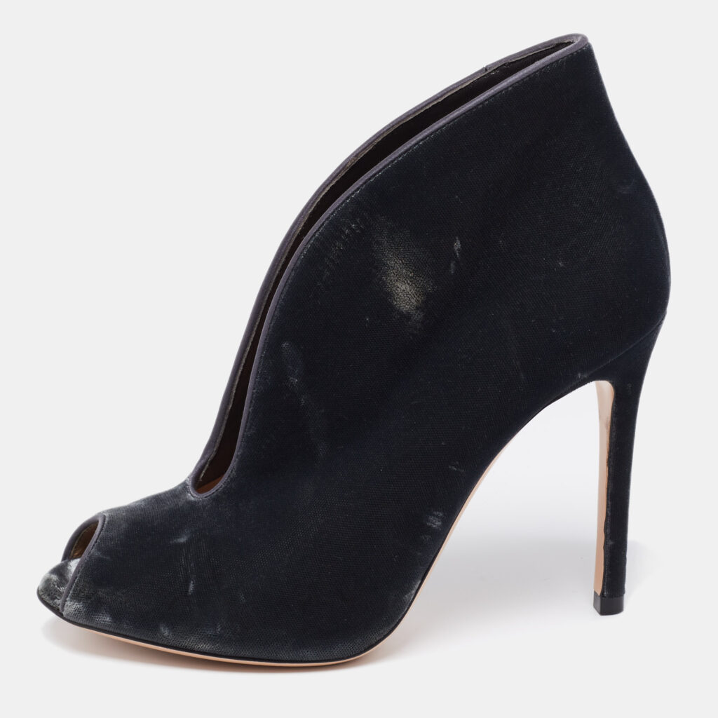 luxury-women-gianvito-rossi-used-shoes-p651224-001-2 Gianvito Rossi Grey Velvet Vamp Peep-Toe Booties Size 35.5
