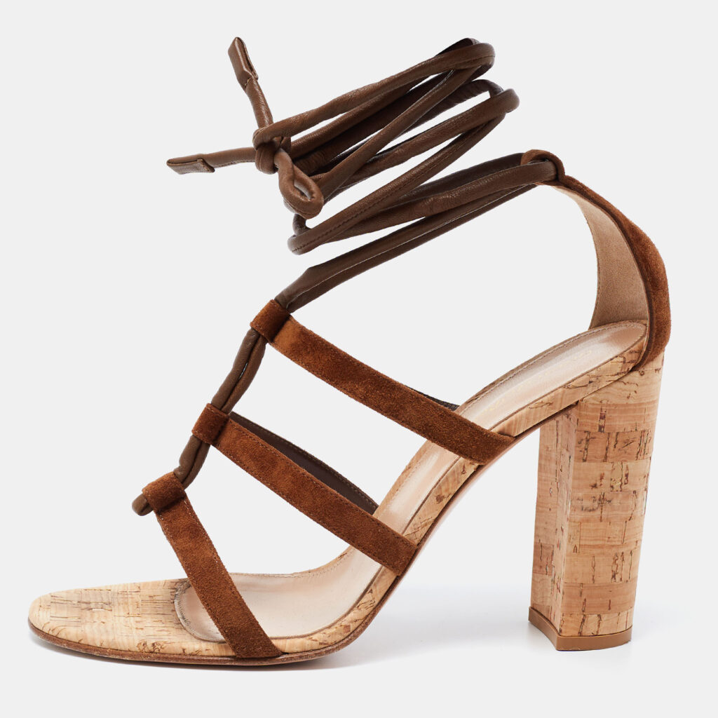 luxury-women-gianvito-rossi-used-shoes-p672219-010-1 Gianvito Rossi Brown Suede and Leather Cayman Cork Sandals Size 41