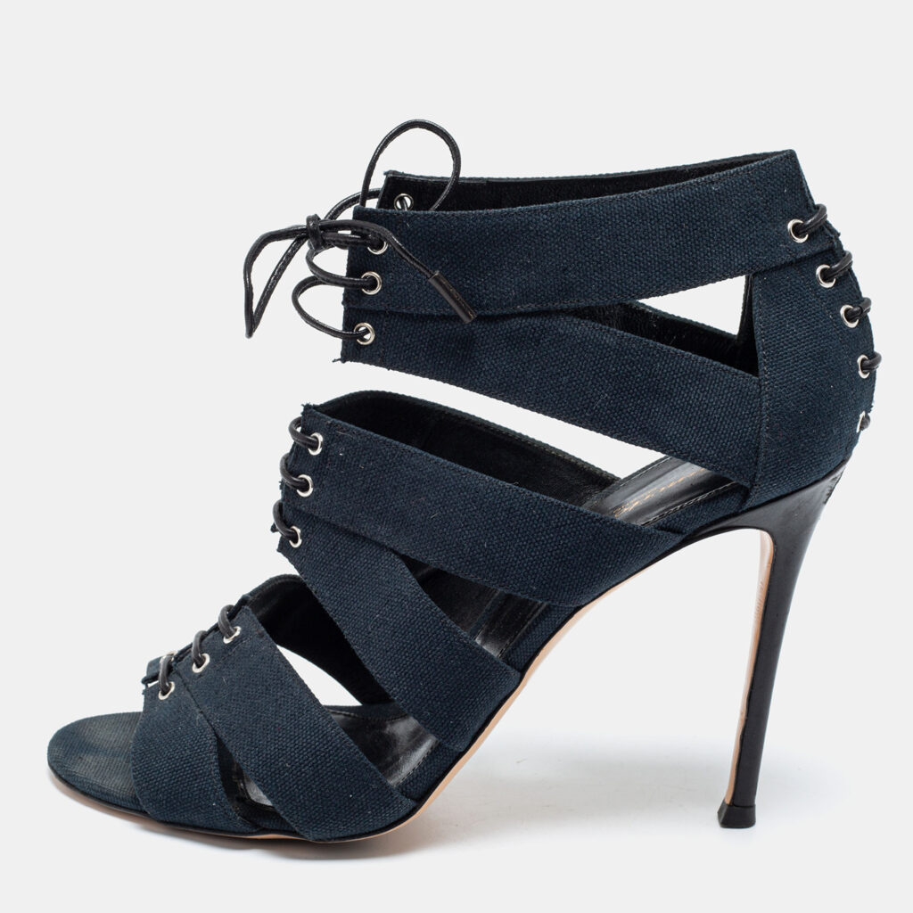 luxury-women-gianvito-rossi-used-shoes-p686837-010-1 Gianvito Rossi Blue Canvas Lace Up Roxy Caged Sandals Size 39.5