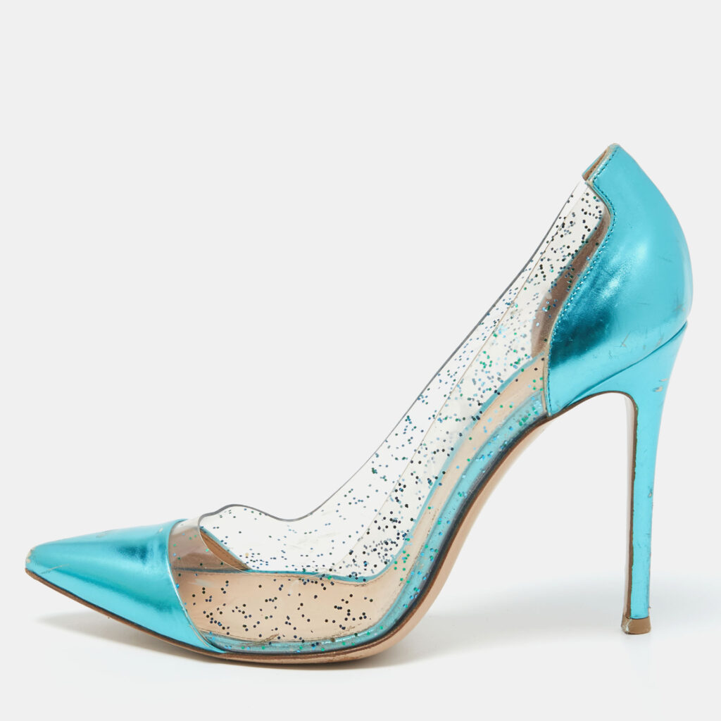 luxury-women-gianvito-rossi-used-shoes-p778547-013 Gianvito Rossi Metallic Blue Leather and Glitter PVC Plexi Pumps Size 38.5