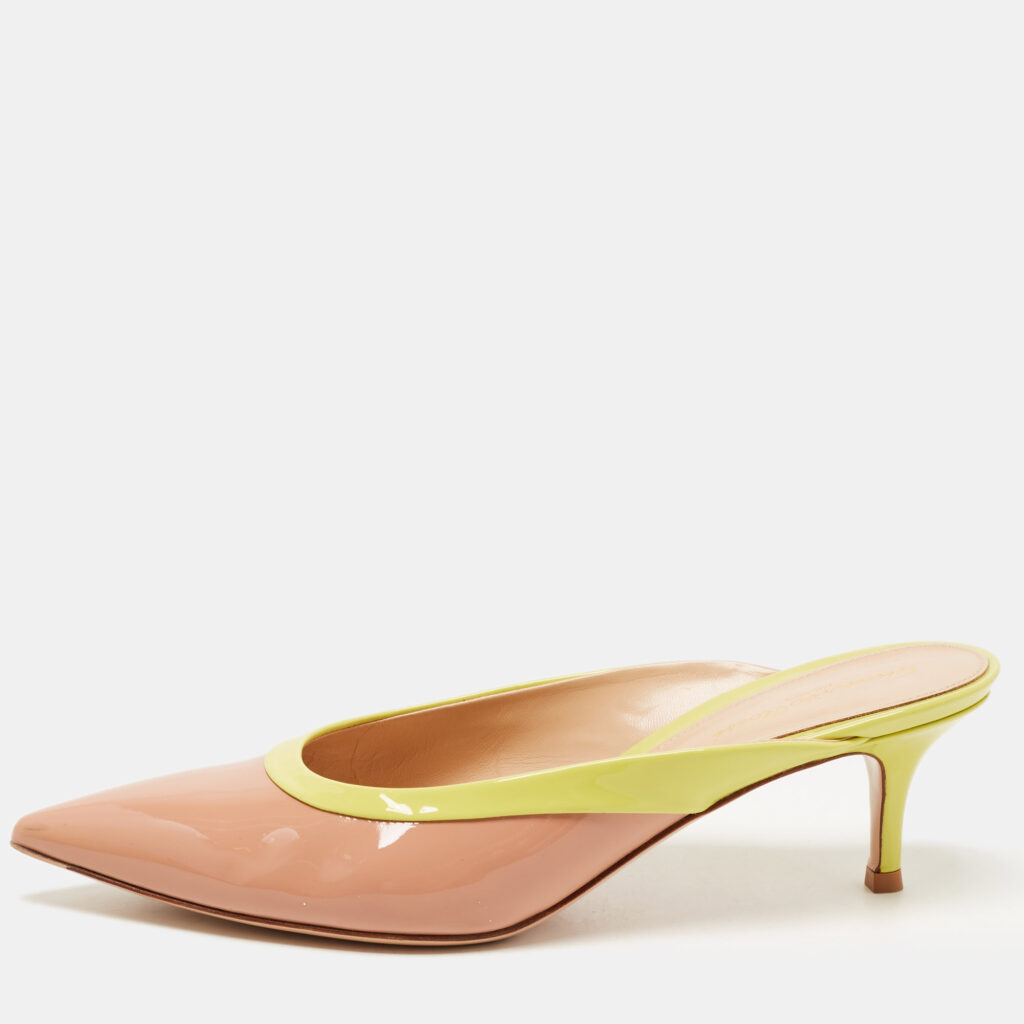 luxury-women-gianvito-rossi-used-shoes-p803673-001 Gianvito Rossi Beige/Green Patent Leather Fanny Mules Size 38.5