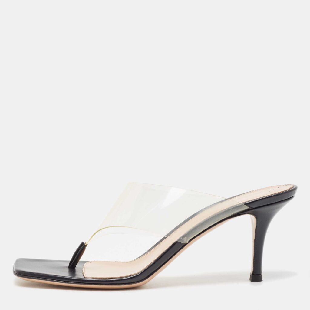 luxury-women-gianvito-rossi-used-shoes-p900795-003 Gianvito Rossi Black Leather and PVC Thong Slide Sandals Size 38.5