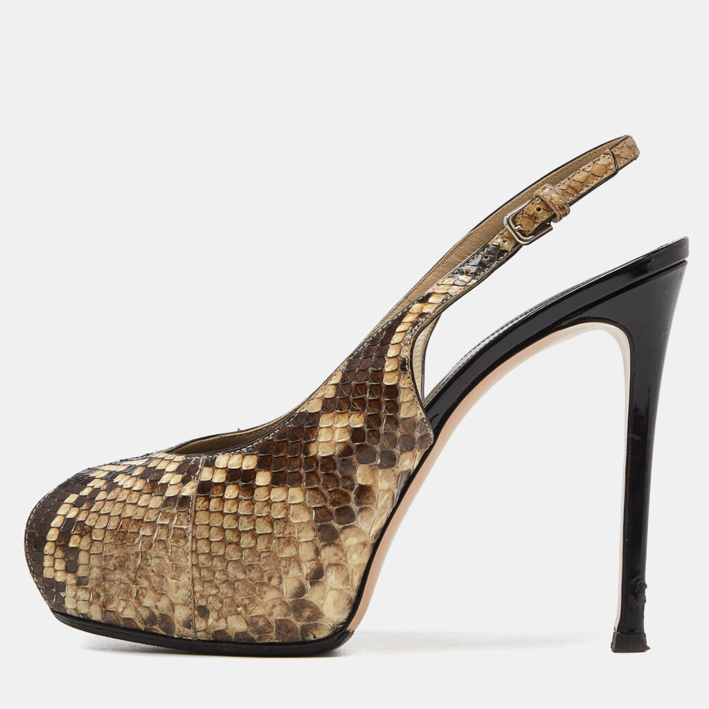 luxury-women-gianvito-rossi-used-shoes-p938392-006 Gianvito Rossi Beige/Brown Python Leather Peep Toe Slingback Pumps Size 38.5