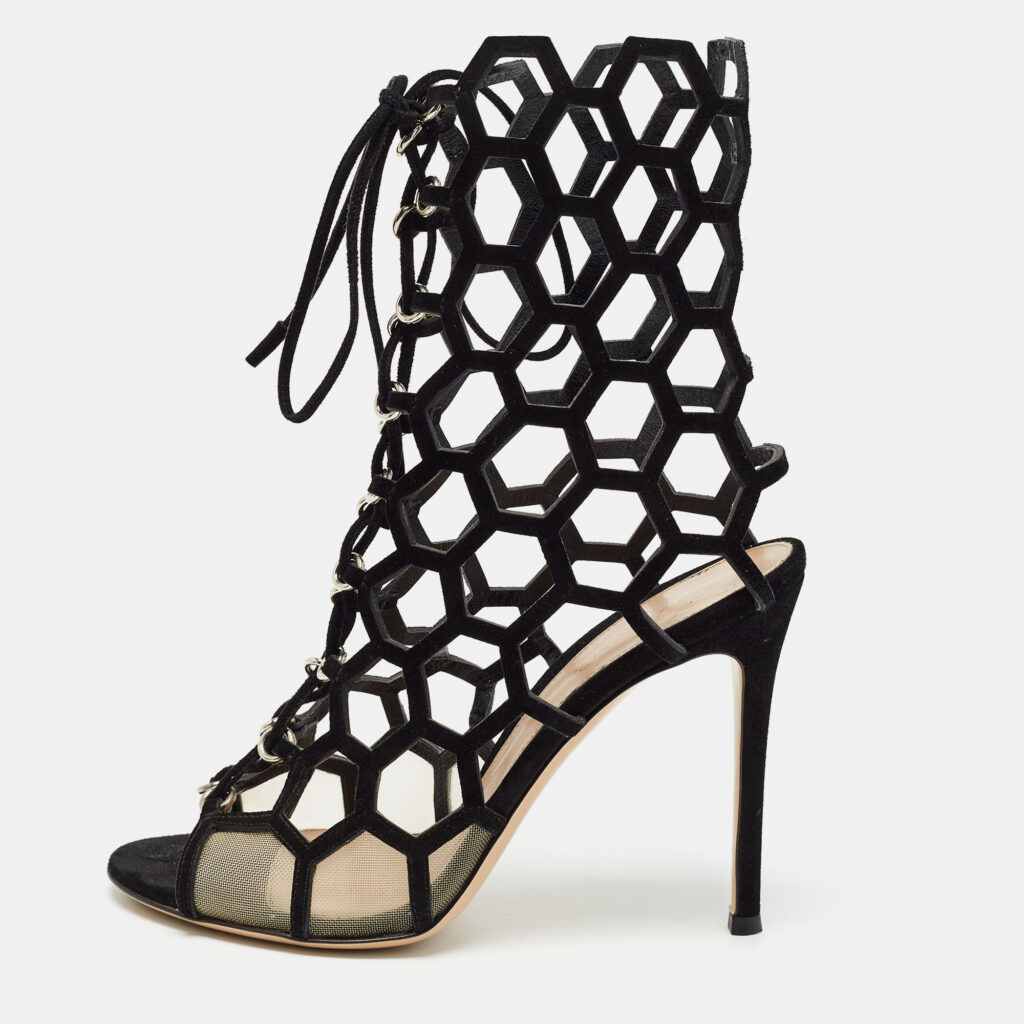 luxury-women-gianvito-rossi-used-shoes-p951892-010 Gianvito Rossi Black Suede and Mesh Cut Out Sandals Size 37