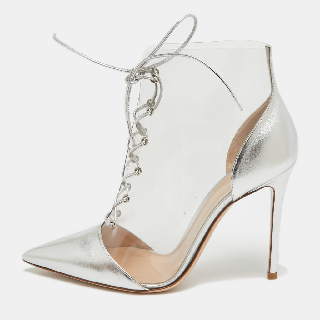 luxury-women-gianvito-rossi-used-shoes-p952713-001 Gianvito Rossi Silver Leather and PVC Icon Ankle Booties Size 40.5