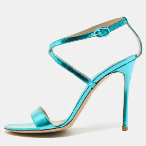 Gianvito Rossi Metallic Blue Leather Cross Ankle Strap Sandals Size 39