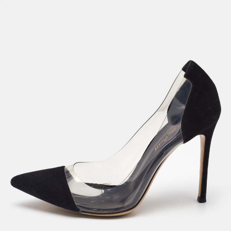 luxury-women-gianvito-rossi-used-shoes-p980598-1744885775-007 Gianvito Rossi Black Suede and PVC Plexi Pumps Size 38.5