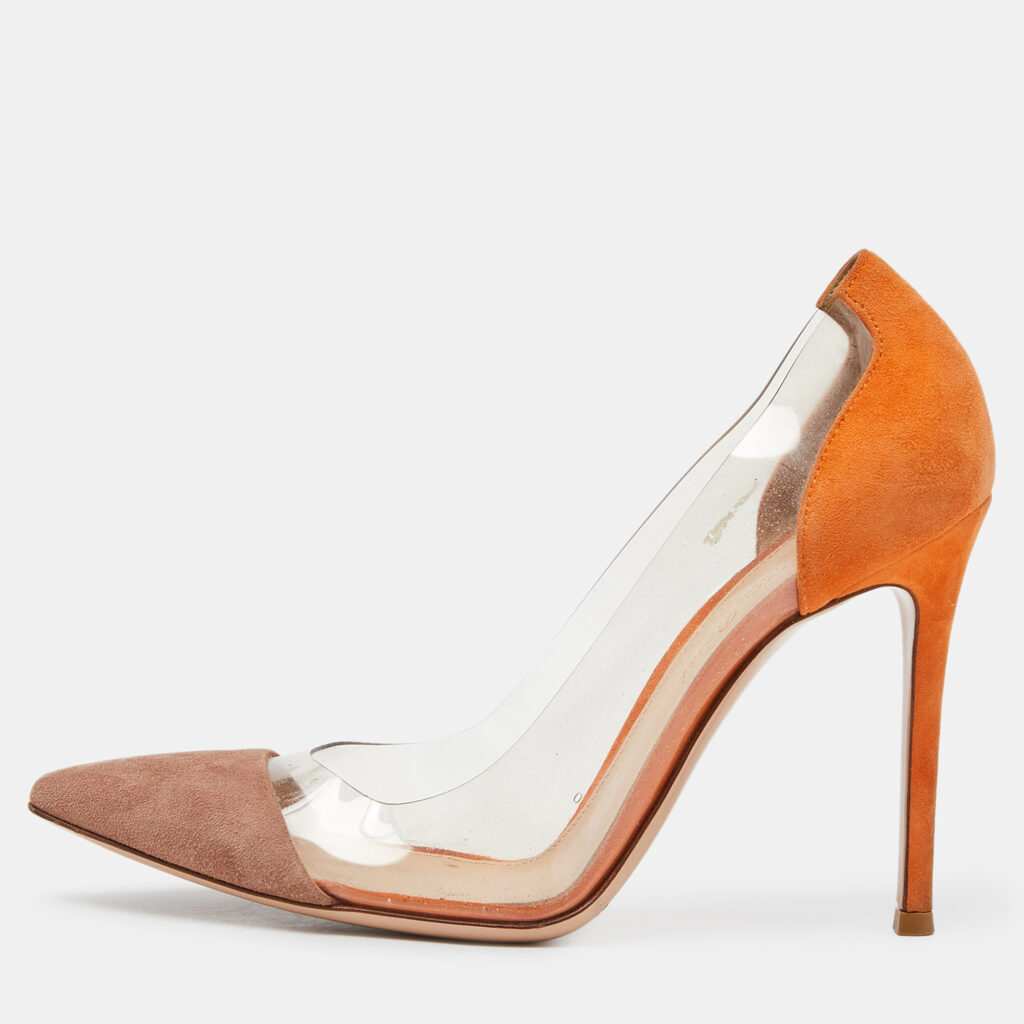 luxury-women-gianvito-rossi-used-shoes-p991329-001 Gianvito Rossi Orange/Beige Suede and PVC Plexi Pumps Size 38