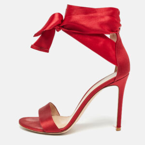 Gianvito Rossi Red Satin Lace Up Gala Open Toe Sandals Size 39.5