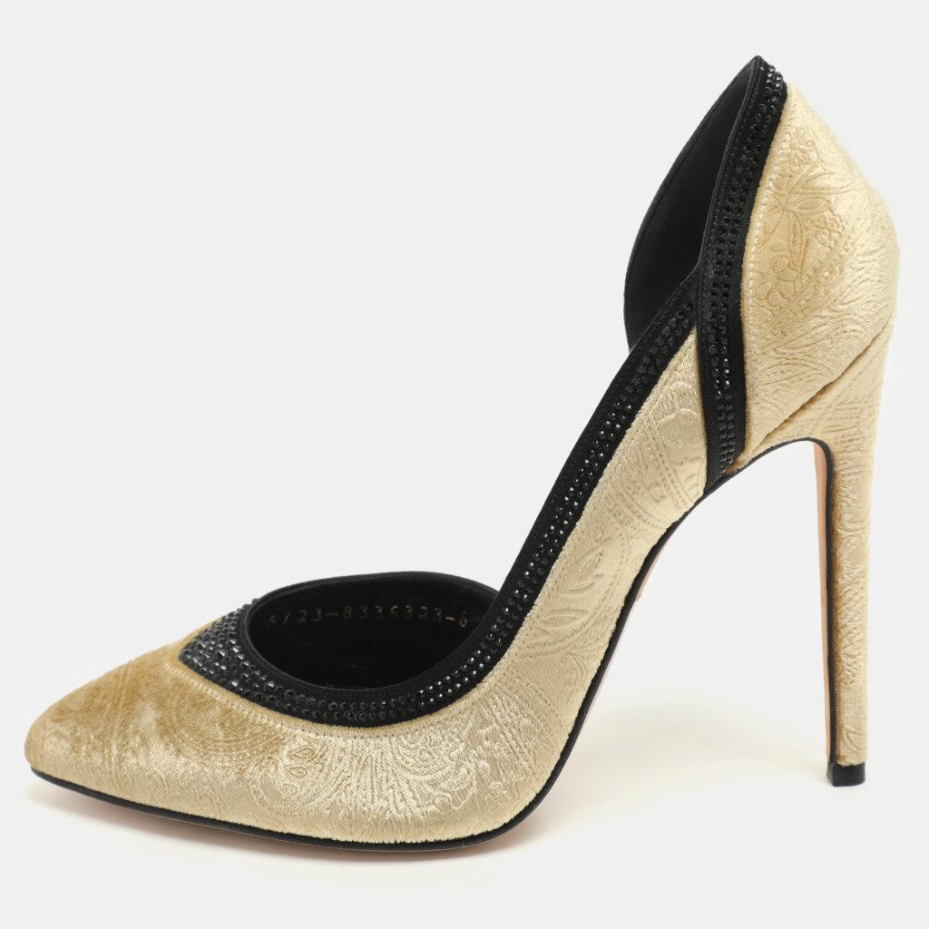 luxury-women-gina-new-shoes-p1164941-004 Gina Gold/Black Paisley Print Velvet Crystal Embellished D'orsay Pumps Size 39