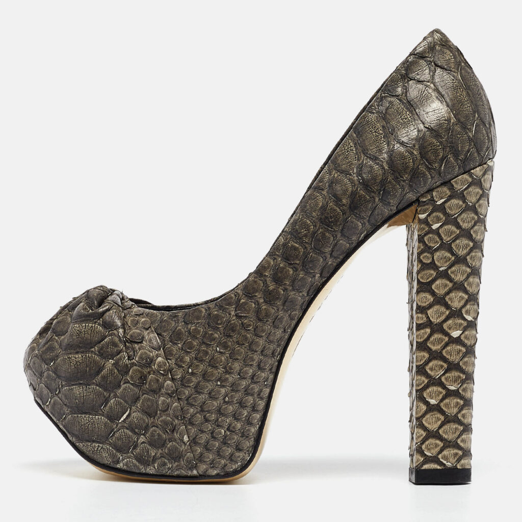 luxury-women-gina-new-shoes-p991080-010 Gina Dark Grey Python Leather Elle Platform Pumps Size 39.5
