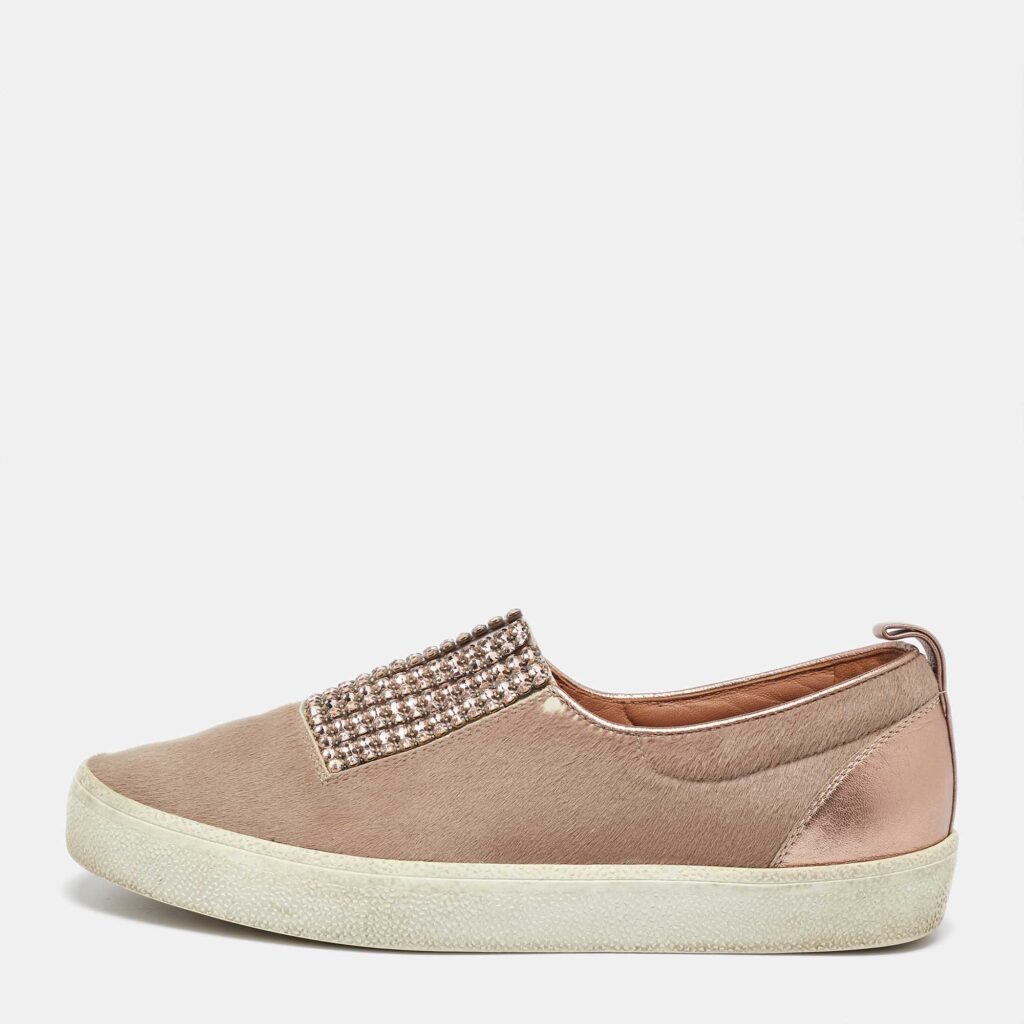 luxury-women-gina-used-shoes-p1022403-004 Gina Beige/Metallic Calf Hair and Leather Crystal Embellished Slip On Sneakers Size 37