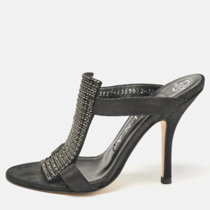 Gina Black Nubuck Leather Crystal Embellished Slide Sandals Size 36.5