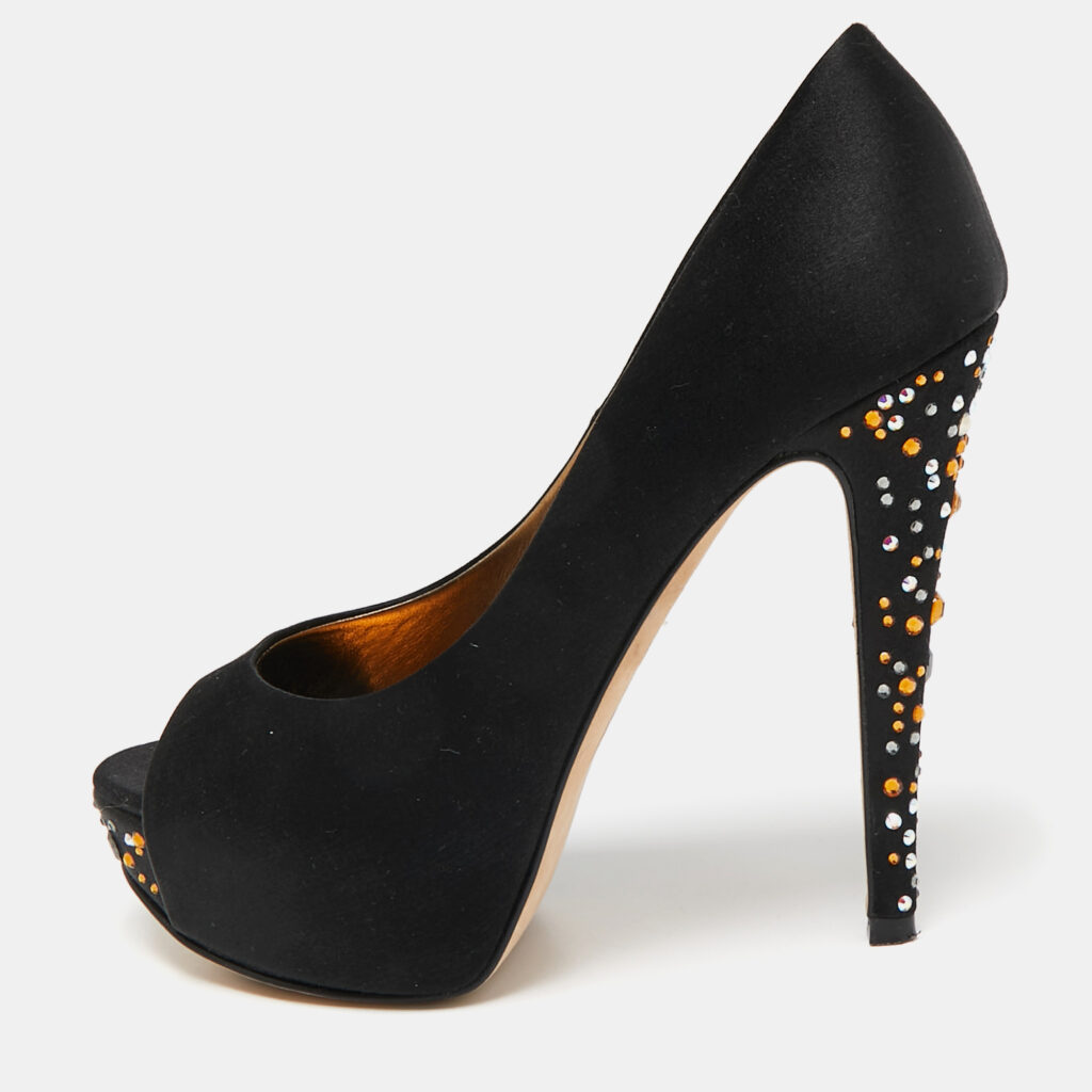 luxury-women-gina-used-shoes-p1092494-003 Gina Black Satin Jenna Crystal Embellished Platform Pumps Size 37.5