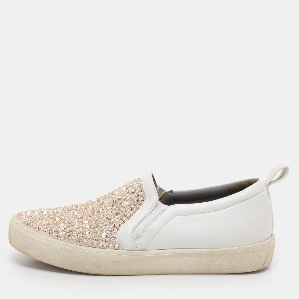 luxury-women-gina-used-shoes-p1097310-007 Gina White/Beige Leather and Satin Crystal Embellished Slip On Sneakers Size 38