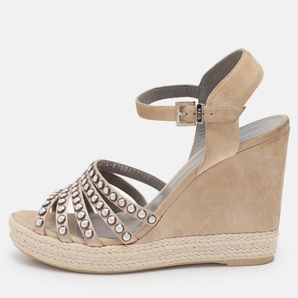 luxury-women-gina-used-shoes-p1099024-007 Gina Pink Satin and Suede Pearl Embellished Wedge Sandals Size 40