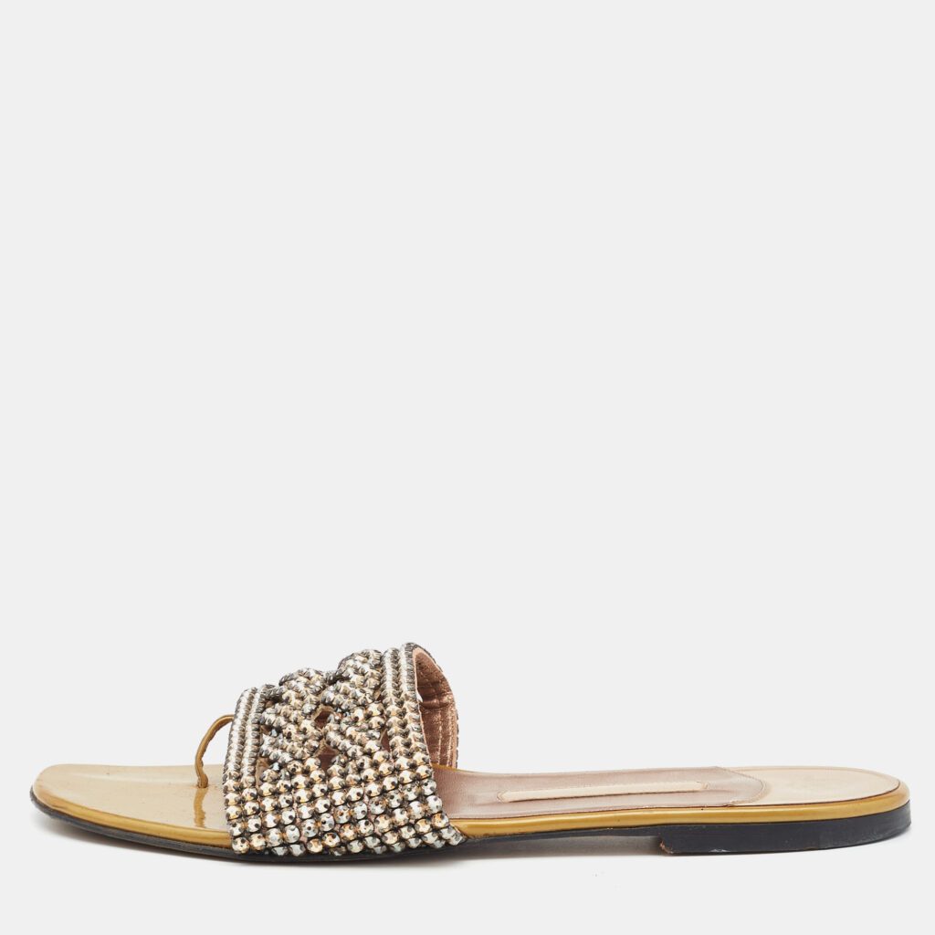 luxury-women-gina-used-shoes-p1101297-001 Gina Green Crystal Embellished Leather Flat Slides Size 39