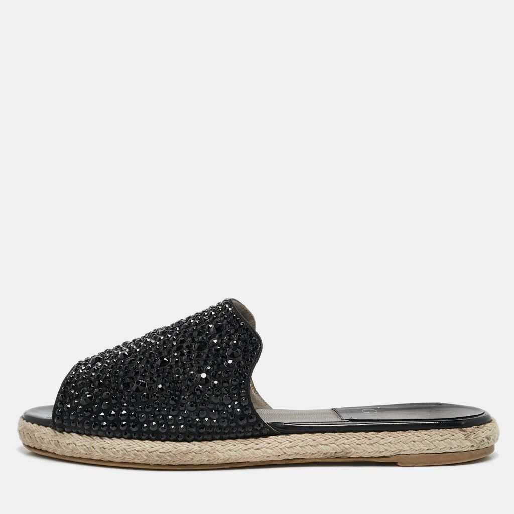 luxury-women-gina-used-shoes-p1102275-001 Gina Black Satin Crystal Embellished Espadrille Flats Size 37