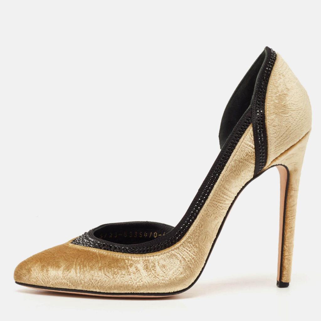 Gina Gold Paisley Print Velvet Crystals Embellished D'orsay Pumps Size 39