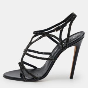 Gina Black Leather Crystal Embellished Ankle Strap Sandals Size 40