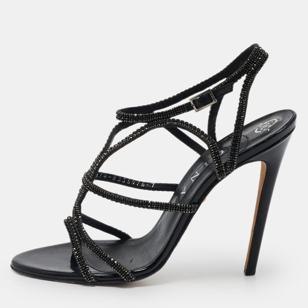 Gina Black Leather Crystal Embellished Ankle Strap Sandals Size 40