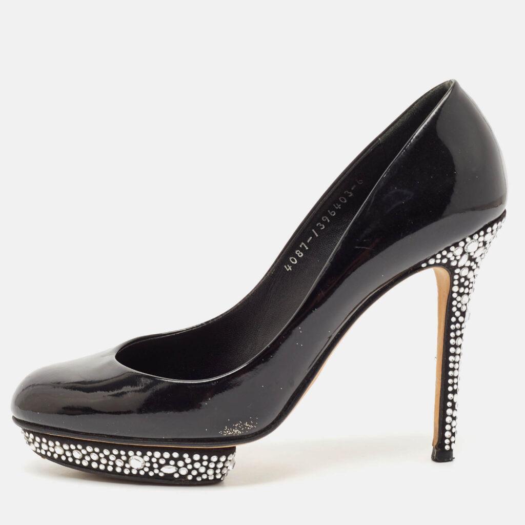 luxury-women-gina-used-shoes-p1136828-010 Gina Black Patent Leather Crystal Embellished Heel Platform Pumps Size 39