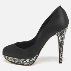 Gina Black Satin Crystals Platform Pumps Size 36.5