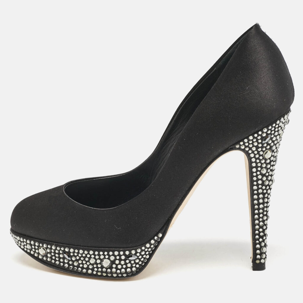 luxury-women-gina-used-shoes-p1144864-010 Gina Black Satin Crystals Platform Pumps Size 36.5