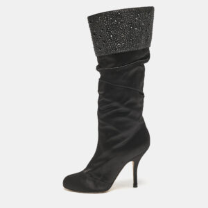 Gina Black Satin Crystals Embellished Pleated Mid Calf Boots Size 37
