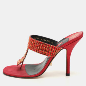 Gina Red Crystals Embellished Thong Slides Sandals Size 38
