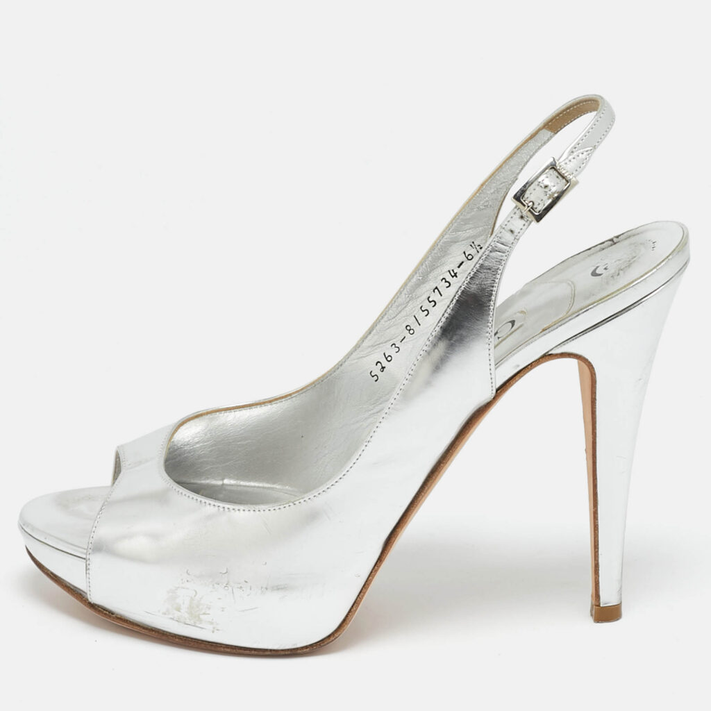 luxury-women-gina-used-shoes-p1146337-010 Gina Silver Leather Slingback Open Toe Platform Sandals Size 39.5