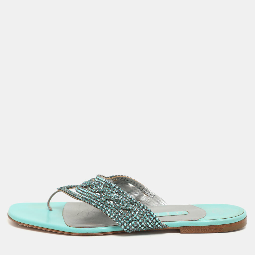 luxury-women-gina-used-shoes-p1148140-001.jpg Gina Green Crystals Embellished Thong Flats Size 38