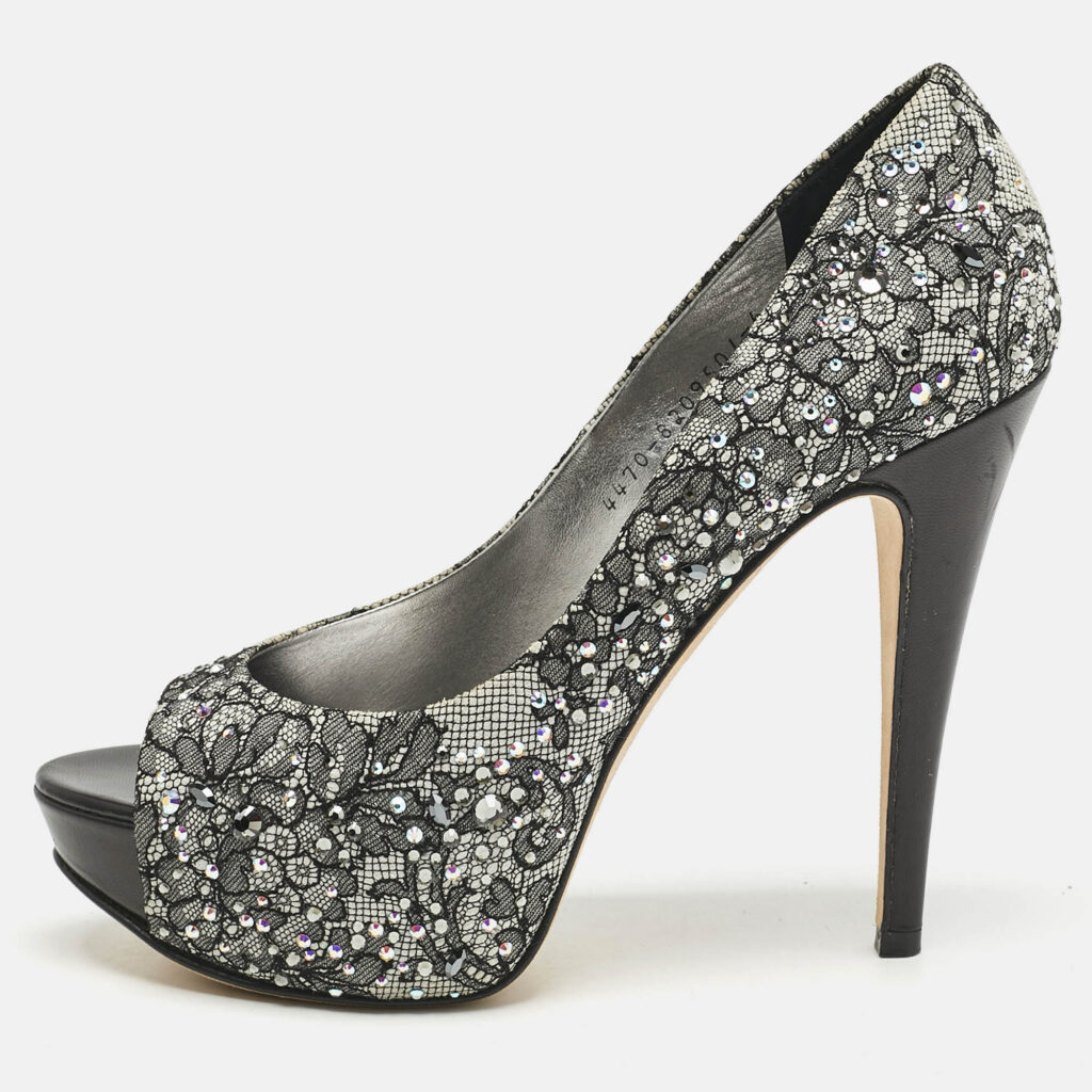 luxury-women-gina-used-shoes-p1152376-010 Gina Grey/Black Lace Crystal Embellished Open Toe Platform Pumps Size 39