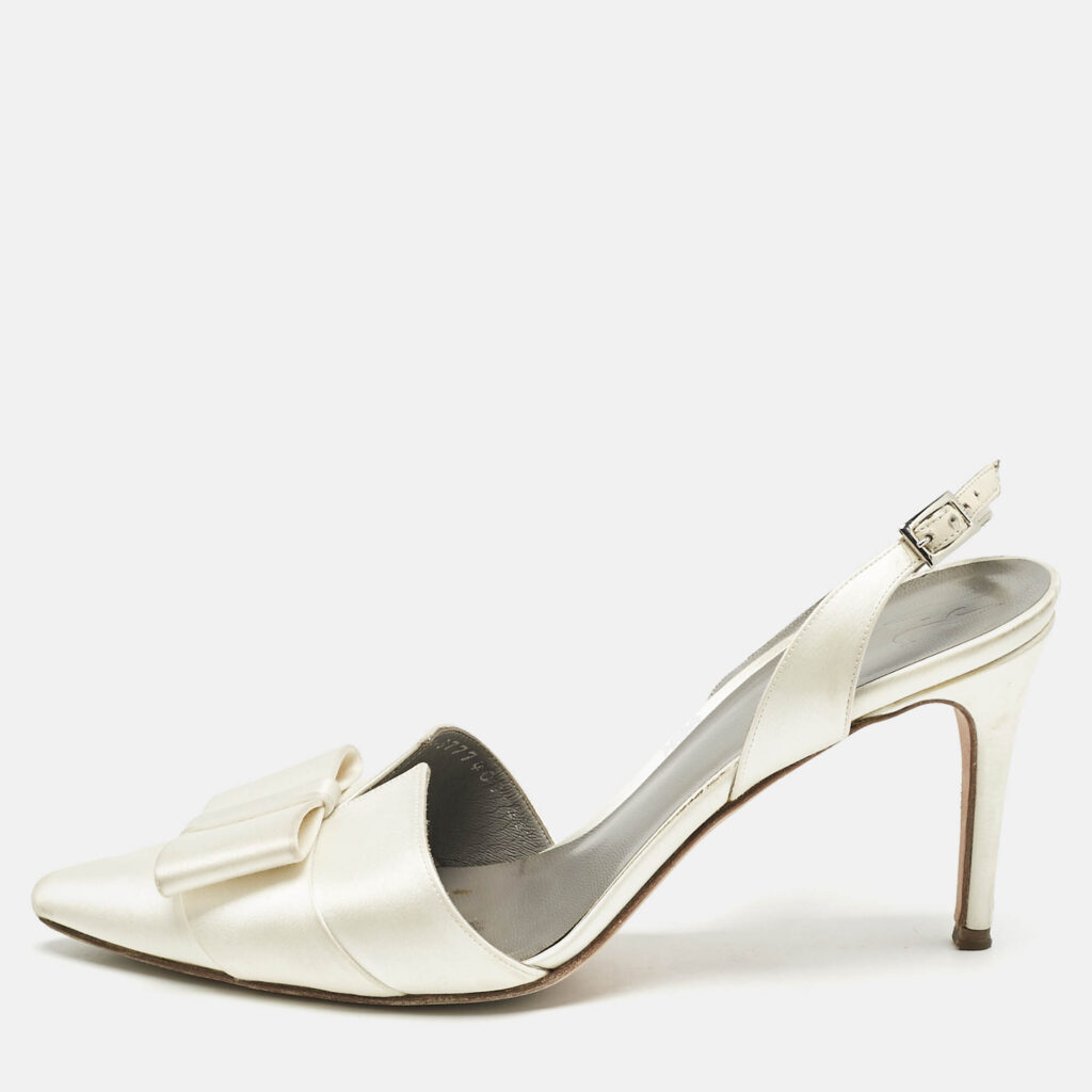 Gina Off White Satin Pointed Toe Slingback Pumps Size 38.5