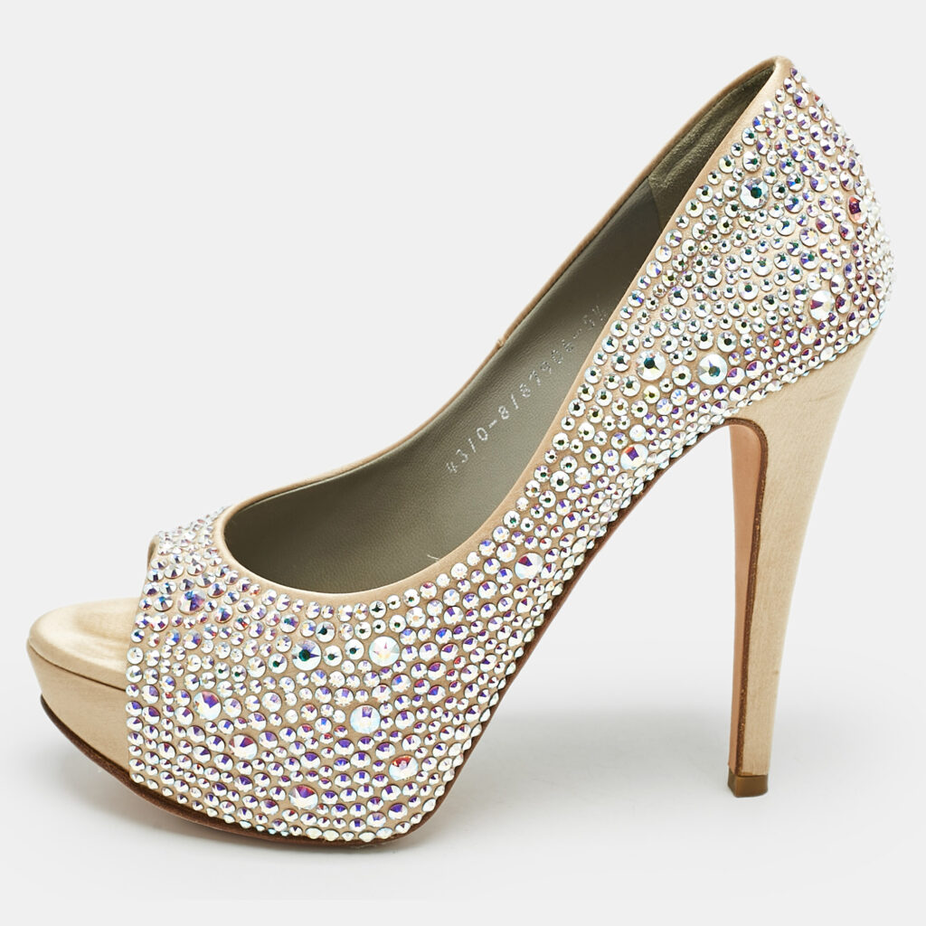 luxury-women-gina-used-shoes-p1154238-008 Gina Beige Satin Crystal Embellished Open Toe Platform Pumps Size 38.5