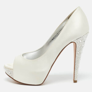 Gina White Satin Jenna Crystal Embellished Heel Open Toe Platform Pumps Size 39.5
