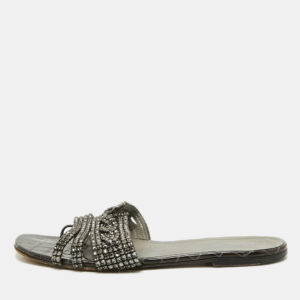 gina black croc embossed patent crystal embellished flat slide sandals size 41