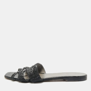 Gina Black Satin Crystal Embellished Loren Flat Slide Sandals Size 41
