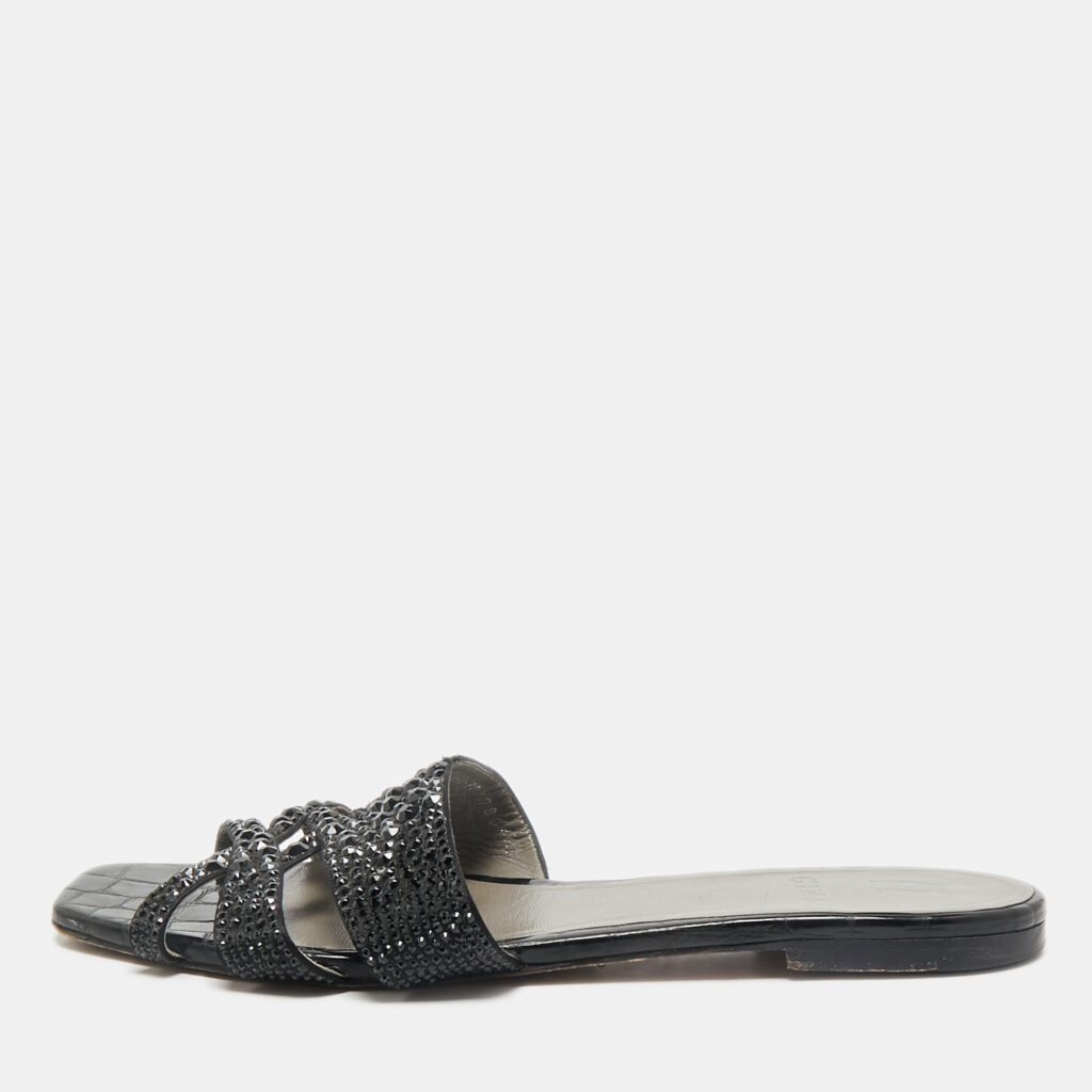 luxury-women-gina-used-shoes-p1161432-001 Gina Black Satin Crystal Embellished Loren Flat Slide Sandals Size 41