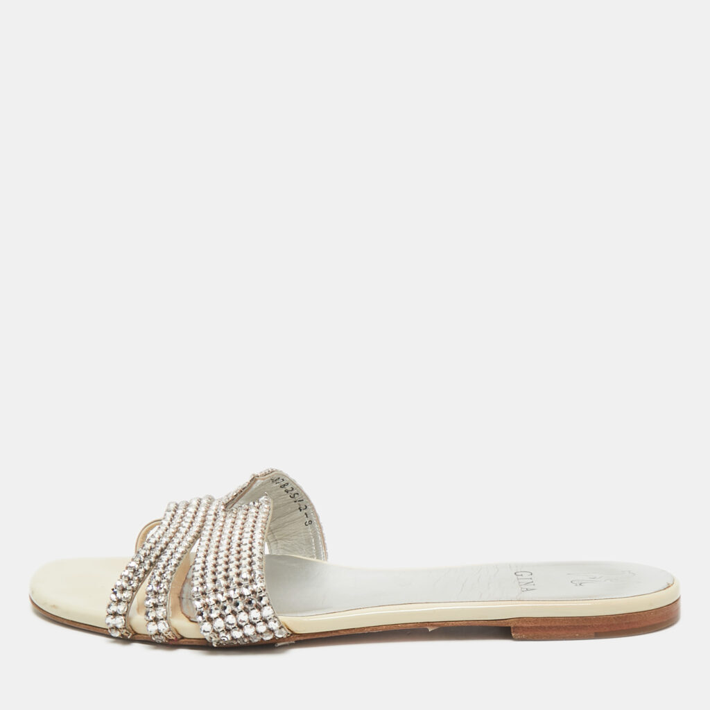 luxury-women-gina-used-shoes-p1162285-001 Gina Silver Leather Crystal Embellished Leather Loren Flat Sandals Size 41