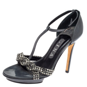 Gina Grey Patent Leather Crystal Embellished T-Strap Sandals Size 37.5